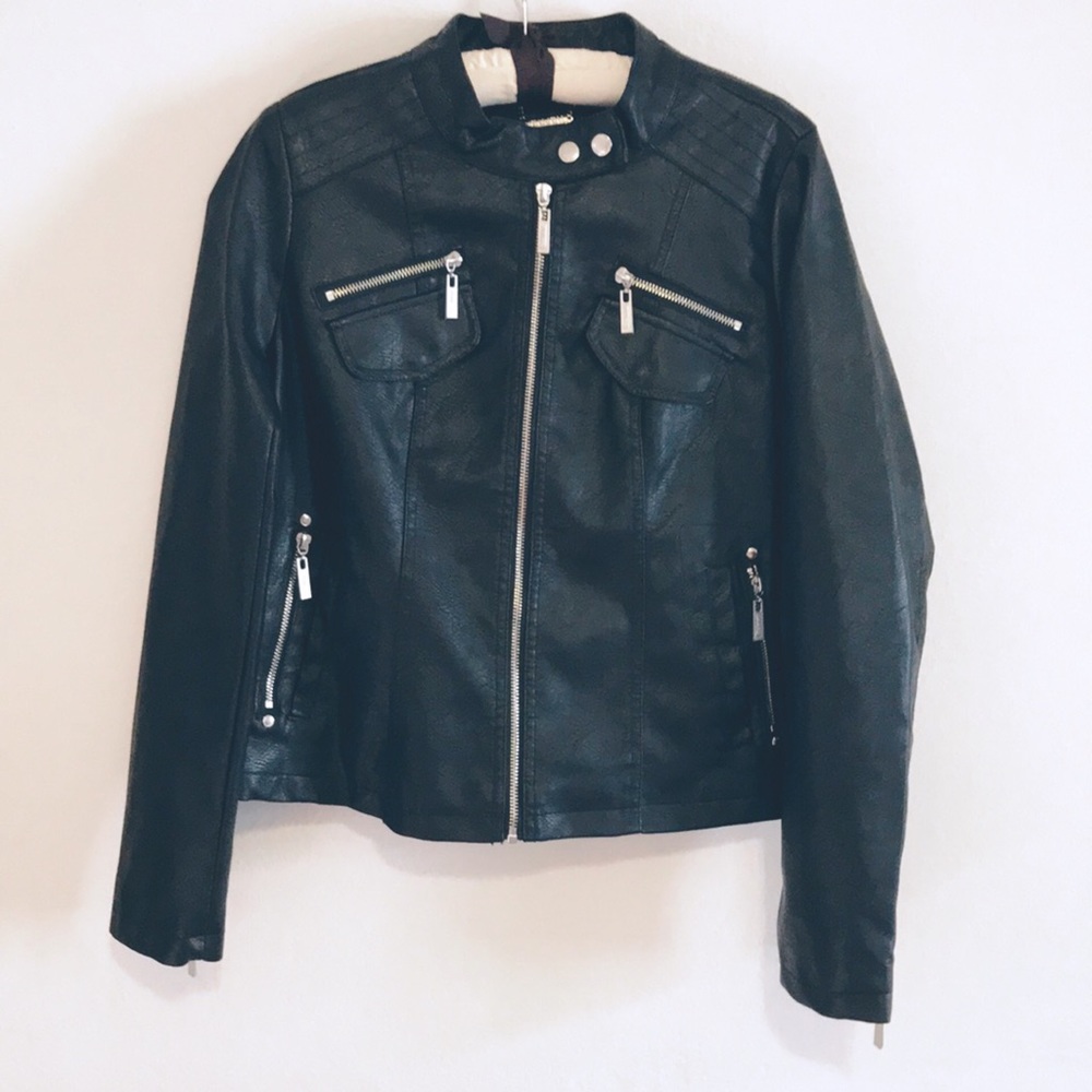 JOU JOU Black Vegan Leather Moto Jacket Medium